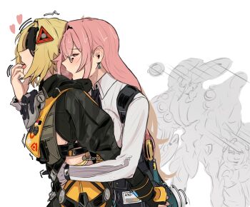 3girls absurdres black_gloves black_jacket black_nails blindfold_mask blonde_hair breast_press character_request collared_shirt commentary crossed_arms earrings fingerless_gloves glasses gloves hand_under_clothes heart highres jacket jewelry long_hair mask multiple_girls open_mouth pink_hair saliva shirt tongue tongue_out trigger_(zenless_zone_zero) tsukishiro_yanagi twitter_username ukinami_yuzuha white_background white_shirt yuri zanqi zenless_zone_zero