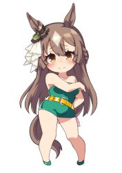 Rule 34 | absurdres, animal ears, bare shoulders, belt, blush, bow, breasts, brown hair, chibi, closed mouth, commentary request, ear ribbon, full body, green footwear, green ribbon, highres, horse ears, horse girl, horse tail, long hair, looking at viewer, medium breasts, ribbon, satono diamond (umamusume), shoes, simple background, smile, tail, thighs, umamusume, white background, yellow belt, yellow eyes, yuki usagi (agtd5758)