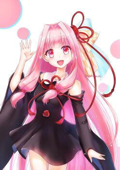 1girl :d black_dress black_sleeves blue_ribbon blunt_bangs commission cowboy_shot detached_sleeves dress flower_knot hair_ribbon hand_up highres kotonoha_akane long_hair low-tied_sidelocks open_mouth pink_eyes pink_hair print_ribbon red_ribbon ribbon sidelocks skeb_commission smile solo twitter_username very_long_hair voiceroid waving wide_sleeves yagasuri yomiwata2
