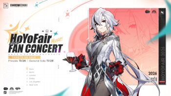 1girl arlecchino_(genshin_impact) black_eyes black_gloves black_hair breasts coat cup drinking_glass english_text genshin_impact gloves grey_pants holding holding_cup hoyofair large_breasts multicolored_hair official_art pants solo streaked_hair symbol-shaped_pupils two-tone_hair white_coat white_hair wine_glass x-shaped_pupils zoom_layer