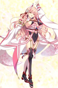 1girl animal_ears arm_up blush braid breasts chikubi_(artist) cleavage covered_erect_nipples covered_navel detached_sleeves fingerless_gloves flower full_body game_cg garter_straps gloves hair_flower hair_ornament highleg highleg_leotard highres huge_breasts japanese_clothes kusarou leotard long_hair looking_at_viewer magical_girl mahou_shoujo_inori morita_ouka non-web_source official_art open_mouth pink_hair sandals side_braid smile solo standing thighhighs variant_set wide_sleeves yellow_eyes