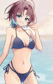 Rule 34 | 1girl, ahoge, andon, asakura toru, bikini, blue bikini, breasts, brown hair, cleavage, commentary request, gradient hair, green eyes, highres, horizon, idolmaster, idolmaster shiny colors, medium breasts, multi-strapped bikini bottom, multicolored hair, navel, parted lips, short hair, side-tie bikini bottom, smile, solo, swimsuit