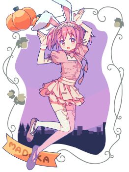 1girl :d absurdres animal_ears arms_up blush bow bowtie brown_shoes character_name commentary dot_nose fake_animal_ears full_body garter_straps halloween highres kaname_madoka looking_at_viewer mahou_shoujo_madoka_magica mahou_shoujo_madoka_magica_(anime) open_mouth pink_bow pink_bowtie pink_eyes pink_hair pink_shirt pink_skirt pleated_skirt rabbit_ears rabbit_pose ruru_(rurumagi) shirt shoes short_hair short_sleeves skirt smile solo thighhighs white_thighhighs