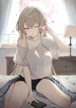 1girl absurdres angel_wings black_shorts blue_archive breasts brown_hair cellphone dampi dolphin_shorts hashtag highres indoors lamp large_breasts long_hair nagisa_(blue_archive) on_bed one_eye_closed phone rubbing_eyes shirt shorts single_bare_shoulder sitting solo thighs very_long_hair waking_up wariza white_shirt wings yellow_background