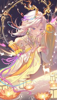 1girl antlers bare_shoulders blue_eyes chinese_clothes choker chroma's_mortal_heart_(infinity_nikki) closed_mouth colored_eyelashes commentary_request deer deer_antlers detached_sleeves dress earrings eyeshadow fingernails flock gold_choker gold_necklace hair_ribbon halo highres horns infinity_nikki jewelry lake lantern lipstick long_hair long_sidelocks long_sleeves looking_at_another makeup multicolored_eyes necklace night nikki_(series) outdoors paper_lantern pink_eyeshadow pink_hair pink_lips pointy_nose purple_eyes purple_ribbon ribbon ripples shanwenyufan sidelocks simple_bird sky sleeve_ribbon sleeves_past_wrists smile solo star_(sky) starry_sky strapless strapless_dress two-tone_eyes upper_body wide_sleeves yellow_dress yellow_halo yellow_horns yellow_sleeves