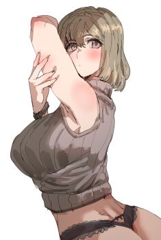 1girl ass black_panties blush bob_cut bow_(bhp) brown_eyes closed_mouth cropped_sweater cutout grey_hair grey_sweater highleg highleg_panties looking_at_viewer medium_hair midriff navel original panties panty_cutout revision simple_background sleeveless sleeveless_sweater solo standing sweater thong underwear upper_body white_background