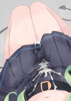 1girl absurdres belt belt_buckle black_belt black_tail blue_archive blue_skirt buckle bukkake commentary cum cum_on_body cum_on_clothes cum_on_legs cum_on_skirt cum_string cumdrip demon_tail feet female_pov green_hair grey_background highres hikari_(blue_archive) knees loli long_hair navel oyashiro_ooo pleated_skirt pov pov_crotch pov_legs sexually shiny_skin simple_background skirt solo sweat tail thighs variant_set very_long_hair