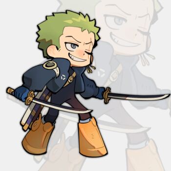 1boy black_bodysuit blue_gloves blue_jacket bodysuit boots dual_wielding earrings full_body gloves green_hair grin highres holding holding_sword holding_weapon jacket jewelry katana long_sleeves official_alternate_costume one_eye_closed one_piece open_clothes open_jacket roronoa_zoro scar scar_across_eye scar_on_face science_fiction short_hair smile solo standing sword toku0034 weapon yellow_boots