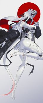 1girl absurdres black_jacket breasts echanis_enicha from_side full_body hair_over_eyes highres jacket long_hair mechanical_legs object_through_head open_clothes open_jacket original robot_girl solo tail white_hair