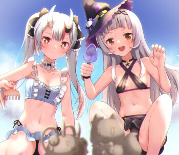 +_+ 2girls :d backlighting bare_arms bare_shoulders bikini black_bikini black_bow black_choker black_headwear blue_bikini blue_sky blush bow breasts brown_eyes brown_hair building_sand_sculpture choker cleavage cloud collarbone commentary_request criss-cross_halter day faubynet frilled_bow frills grey_hair hair_bow halterneck hands_up hat holding hololive horns multicolored_hair multiple_girls murasaki_shion murasaki_shion_(hololive_summer_2019) nakiri_ayame nakiri_ayame_(hololive_summer_2019) navel oni open_mouth outdoors poyoyo_(nakiri_ayame) red_eyes red_hair revision sand_sculpture shiokko_(murasaki_shion) sideboob sitting skin-covered_horns sky small_breasts smile squatting star_(symbol) streaked_hair striped_bikini striped_clothes sweat swimsuit teeth tilted_headwear trowel twintails upper_teeth_only vertical-striped_bikini vertical-striped_clothes virtual_youtuber witch_hat