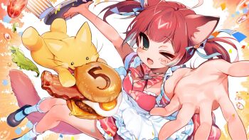Rule 34 | 1girl, ahoge, akami karubi, animal ears, apron, blush, bow, burger, cat, cat ears, cat girl, cat tail, commentary request, confetti, crazy raccoon, fang, food, frilled apron, frills, green eyes, hair bow, highres, kmnk (kumanuko), multicolored hair, orange background, paw print, reaching, reaching towards viewer, red hair, short twintails, socks, tail, tray, twintails, white socks