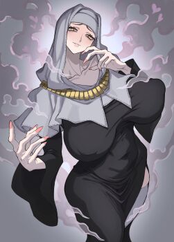 10den 1girl black_dress buddhist_nun coif commentary dress fate/extra fate/extra_ccc fate/grand_order fate_(series) gradient_background highres long_sleeves looking_at_viewer nun sessyoin_kiara side_slit smile solo white_dress yellow_eyes