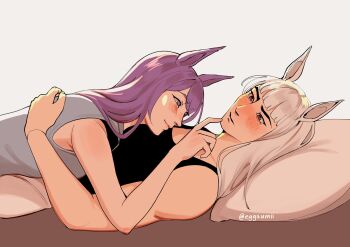 Rule 34 | 2girls, animal ears, black tank top, blush, closed mouth, commentary, cuddling, eggzumii, english commentary, gold ship (umamusume), grey tank top, highres, horse ears, long hair, lying on person, mejiro mcqueen (umamusume), multiple girls, parted lips, pillow, purple eyes, purple hair, red eyes, simple background, smile, tank top, umamusume, white background, white hair, yuri