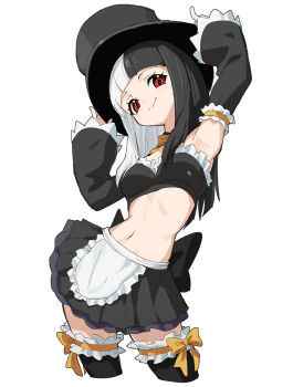 1girl absurdres bare_shoulders breasts detached_sleeves frills hat highres ingrid_(capcom) ingrid_(midnight_bliss)_(capcom) long_hair looking_at_viewer midnight_bliss midriff multicolored_hair navel red_eyes sach56000 skirt solo street_fighter street_fighter_6 thighhighs top_hat