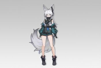 1girl absurdres animal_ear_fluff animal_ears bare_shoulders black_gloves blue_eyes boots flat_color fox_ears fox_girl fox_tail full_body gloves grey_background grey_eyes highres jacket long_hair looking_at_viewer off_shoulder oi_niumaren original shorts solo standing tachi-e tail white_hair