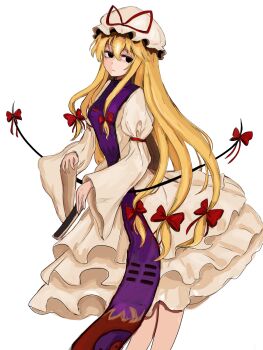 Rule 34 | 1girl, 83mkneinlsqmebq, black eyes, blonde hair, closed mouth, commentary, dress, gap (touhou), ghost pose, hair between eyes, hat, hat ribbon, highres, juliet sleeves, long hair, long sleeves, mob cap, puffy sleeves, purple tabard, red ribbon, ribbon, simple background, solo, standing, tabard, touhou, very long hair, white background, white dress, white hat, wide sleeves, yakumo yukari, yin yang, yin yang print