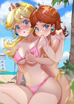2girls bare_arms bare_legs bare_shoulders beach bikini blonde_hair blue_eyes blush breasts brown_hair chadtow collarbone crown day earrings eyebrows_hidden_by_hair flower_earrings from_behind grabbing_another's_breast grabbing_from_behind grin groping head_tilt highres jewelry lighthouse long_hair looking_at_viewer mario_(series) medium_breasts midriff multiple_girls navel neck nintendo ocean off_shoulder open_mouth outdoors palm_tree pink_bikini ponytail princess_daisy princess_peach sand short_hair side-tie_bikini_bottom smile super_mario_bros._1 super_mario_land super_smash_bros. swimsuit thick_thighs thighs tower tree underboob water yellow_bikini yuri