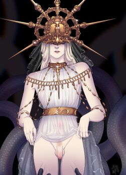 1boy bishounen bloodwrit clothes_lift commentary covered_erect_nipples covered_eyes crown dark_souls_(series) dark_sun_gwyndolin dress dress_lift flaccid foreskin gold_headwear highres jewelry long_hair male_focus male_pubic_hair nipples pale_skin parted_lips penis pubic_hair see-through_clothes signature snake solo sparse_pubic_hair tail white_dress white_hair