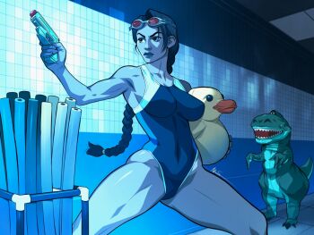 1girl braid braided_ponytail breasts brown_eyes brown_hair cleavage collarbone covered_navel dinosaur_costume exmile lara_croft lips long_hair medium_breasts one-piece_swimsuit parted_hair poolside rubber_duck single_braid solo spread_legs swimsuit thick_thighs thighs tomb_raider toned water_gun