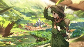 2girls animal backpack bag bird brown_bird brown_hat card_commentary castle commentary_request day dress fairy fantasy game_asset green_dress green_hair hat idolmaster idolmaster_million_live! idolmaster_million_live!_theater_days long_sleeves motion_blur multiple_girls nagayoshi_subaru official_art outdoors short_hair standing suou_momoko third-party_source