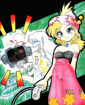 2boys 2girls beret blonde_hair blue_eyes cape celes_chere controller final_fantasy final_fantasy_vi game_console hat jewelry mog moogle multiple_boys multiple_girls puyopuyo relm_arrowny square_enix super_famicom umaro