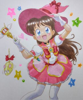 1girl :d alternate_costume arm_up black_choker blue_eyes bow bowtie brooch brown_hair choker commentary_request dress feet_out_of_frame genji_tsuushin_agedama gloves hand_on_headwear hand_up hat hat_bow heike_ibuki highres holding holding_wand jewelry layered_dress long_hair magical_girl mizutani_kenta mouse_(animal) non-humanoid_robot open_mouth pink_dress pink_hat pink_sailor_collar puffy_short_sleeves puffy_sleeves red_bow red_bowtie robot robot_animal sailor_collar short_sleeves smile solo standing star_(symbol) tail tail_bow tail_ornament thighhighs traditional_media wand warpro_(genji_tsuushin_agedama) white_gloves white_thighhighs witch_hat