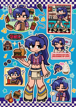 1girl absurdres bar_stool belt blue_background blue_hair blue_nails blush brown_eyes burger checkered_background checkered_floor closed_mouth cup diner english_text fis flying_sweatdrops food french_fries frown heart highres holding holding_plate ice_cream ice_cream_cone idolmaster idolmaster_(classic) ketchup_bottle kisaragi_chihaya letter long_hair microphone milkshake mug multiple_views musical_note mustard_bottle nail_polish official_alternate_hairstyle open_mouth plate ponytail puff_of_air roller_skates skates slipping smile star_(symbol) stool vinyl_record