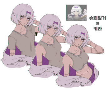 Rule 34 | 1girl, bow, breasts, brown shirt, brown sports bra, collarbone, commentary request, design speculation, gloves, grey hair, highres, jacket, kira (project moon), korean commentary, korean text, limbus company, looking at viewer, midriff, misg1111, navel, project moon, purple bow, purple eyes, scar, scar on stomach, screenshot inset, sharp teeth, shirt, short hair, short sleeves, simple background, sports bra, tattoo, teeth, translation request, white background, white gloves, white jacket