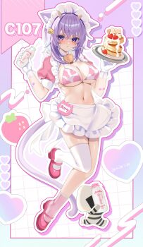 ! 1girl ahoge alternate_costume animal_ear_fluff animal_ears animal_print apron bikini blush bottle cat_ears cat_girl cat_tail closed_mouth commentary_request cow_horns cow_print cow_print_bikini fake_horns food fruit gloves heart highres holding holding_tray hololive horns komiojisan looking_at_viewer maid maid_headdress medium_hair milk_bottle nekomata_okayu onigirya_(nekomata_okayu) pancake pink_bikini pink_shoes print_bikini purple_eyes purple_hair shoes solo strawberry swimsuit tail thighhighs tray virtual_youtuber white_apron white_gloves white_thighhighs