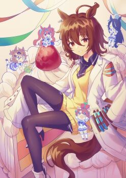 5girls absurdres agnes_tachyon_(tach-nology)_(umamusume) agnes_tachyon_(umamusume) ahoge animal_ears arms_up bandolier belt black_hair black_necktie black_pantyhose box brown_hair brown_shoes cake camellia_(camel_mal) chemical_structure coat coffee_mug collared_shirt colored_tips commentary_request cup daiwa_scarlet_(umamusume) dantsu_flame_(umamusume) ear_covers ear_ornament earrings food fork gift gift_box hair_between_eyes highres holding holding_cup holding_fork horse_ears horse_girl horse_tail jam_(umamusume) jewelry jungle_pocket_(umamusume) kneeling lab_coat long_hair manhattan_cafe_(umamusume) mug multicolored_hair multiple_girls necktie notched_ear open_clothes open_coat open_mouth oversized_food oversized_object pantyhose purple_shirt red_eyes red_hair school_uniform shirt shoes short_hair short_necktie short_sleeves single_earring sitting skirt sleeves_past_fingers sleeves_past_wrists smile strawberry_shortcake summer_uniform sweater tail test_tube thighhighs tracen_school_uniform umamusume very_long_hair white_coat white_shoes white_skirt white_thighhighs yellow_eyes yellow_sweater