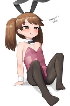1girl absurdres alternate_costume animal_ears black_bow black_bowtie black_pantyhose bow bowtie brown_eyes brown_hair detached_collar flat_chest highres kantai_collection leotard loli long_hair maru_(marg0613) one-hour_drawing_challenge pantyhose playboy_bunny rabbit_ears red_leotard ryuujou_(kancolle) simple_background sitting solo strapless strapless_leotard tongue tongue_out twintails white_background wrist_cuffs