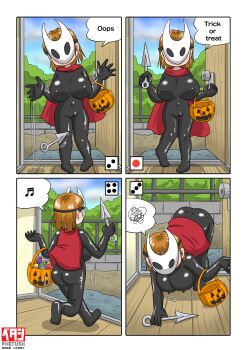 1girl ass bent_over black_bodysuit bodysuit bouncing_ass bouncing_breasts breasts brown_hair cameltoe cape cloud comic cosplay covered_erect_nipples door doorway dropping from_behind halloween halloween_bucket halloween_costume holding_kunai holding_weapon hollow_knight hollow_knight:_silksong hornet_(hollow_knight) hornet_(hollow_knight)_(cosplay) huge_breasts kunai loli looking_at_viewer marup musical_note needle_(hollow_knight) oppai_loli original railing red_cape short_hair sky speech_bubble spoken_musical_note standing tree trick_or_treat walking weapon white_mask