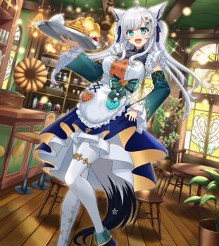 1girl ahoge animal_ear_fluff animal_ears aqua_eyes blue_dress blue_ribbon blush breasts cafe chair chiga_akira chinese_clothes commentary_request cup dessert detached_sleeves dress feet_out_of_frame food fox_ears fox_girl fox_tail green_sleeves hair_between_eyes hair_ornament highres holding holding_tray hololive long_hair long_sleeves looking_at_viewer medium_breasts open_mouth orange_nails pancake pantyhose pentagram ribbon shirakami_fubuki solo table tail teacup teapot thighhighs tray virtual_youtuber white_hair white_pantyhose wide_sleeves x_hair_ornament
