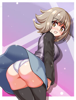 1girl ass ass_focus blush breasts brown_hair clothes_lift cougar_(cougar1404) embarrassed from_behind green_eyes huge_ass leaning leaning_forward looking_back looking_down medium_breasts medium_hair open_mouth panties sideboob skirt skirt_lift skirt_tug solo sweatdrop thick_thighs thighhighs thighs underwear urotsuki wedgie wind wind_lift yume_2kki