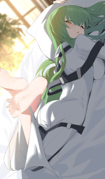 1girl ;o absurdres barefoot bed_sheet blurry blurry_background breasts c.c. code_geass commentary crossed_ankles dress feet feet_up green_hair highres indoors long_hair looking_at_viewer lying medium_breasts on_bed on_stomach one_eye_closed open_mouth pillow soles solo straitjacket sunset toes wako_(1194433260) white_dress