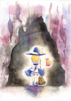 Rule 34 | 2girls, broom, cave, female focus, from behind, gradient background, hat, kirisame marisa, millipen (medium), multiple girls, painting (medium), pen (medium), shanghai doll, shiroaisa, subterranean animism, touhou, traditional media, watercolor (medium), witch, witch hat
