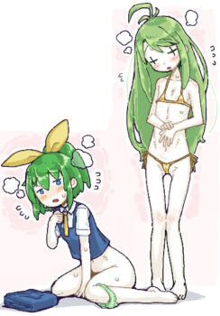 Rule 34 | + +, 2girls, ahoge, ascot, bikini, blue eyes, blue vest, blush, bottomless, bow, collared shirt, colored skin, cookie (touhou), crossover, daiyousei, diyusi (cookie), flat chest, full body, gold bikini, green hair, green panties, hair bow, long hair, looking at viewer, man (man-room), micro bikini, multiple girls, open mouth, panties, panties around leg, shirt, standing, swimsuit, tone sphere, touhou, trin (tone sphere), underwear, unusually open eyes, vest, white shirt, white skin, yellow ascot, yellow bow