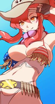 1girl alternate_costume american_flag american_flag_bikini american_flag_print ammunition_belt bare_shoulders belt bikini blue_background breasts cleavage cowboy_hat fingerless_gloves flag_print flag_print_bikini gloves hair_ornament hat highres large_breasts long_hair looking_at_viewer navel ponytail print_bikini print_swimsuit red_hair scarf simple_background smile solo star_(symbol) star_print string_bikini swimsuit tengen_toppa_gurren_lagann ura_dora very_long_hair yellow_eyes yoko_littner