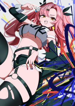 1girl absurdres black_leggings breasts coin highres large_breasts leggings looking_at_viewer nanashnojo nicole_demara open_mouth pink_hair shorts solo twintails yellow_eyes zenless_zone_zero