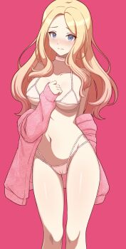 1girl arm_between_breasts between_breasts bikini blonde_hair blue_eyes blush breasts cameltoe choker collarbone commentary cowboy_shot embarrassed gakuen_idolmaster highres idolmaster jacket jacket_partially_removed juo_sena long_hair looking_at_viewer medium_breasts navel off_shoulder pink_background pink_jacket simple_background solo swimsuit tantei001 wavy_hair white_bikini