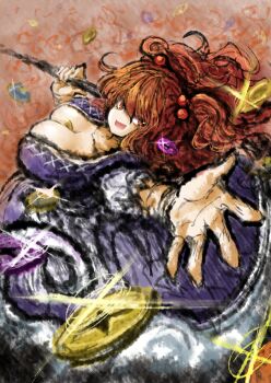 2b-ge :d blue_dress breasts brown_eyes brown_hair chinese_commentary coin commentary_request dress flower glint hair_ornament highres holding holding_scythe holding_weapon japanese_clothes large_breasts magic money_between_breasts one-hour_drawing_challenge onozuka_komachi open_mouth orange_background outstretched_hand scythe smile spell spider_lily touhou weapon