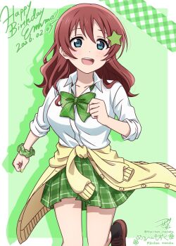 1girl black_socks blue_hair border bow bowtie breasts brown_shoes cardigan cardigan_around_waist clothes_around_waist commentary_request dated emma_verde freckles green_bow green_bowtie green_skirt hair_ornament happy_birthday highres large_breasts loafers long_sleeves looking_at_viewer loose_bowtie love_live! love_live!_nijigasaki_high_school_idol_club official_alternate_costume official_alternate_hairstyle penny_loafers plaid_bow plaid_bowtie plaid_clothes plaid_skirt pleated_skirt red_hair ric._(marchen_mozuku) school_uniform shirt shoes signature skirt socks solo star_(symbol) star_hair_ornament upper_body white_border white_shirt yellow_cardigan