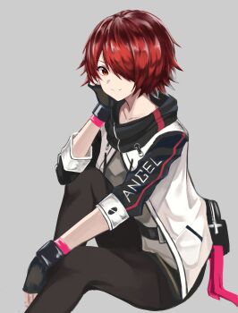 1girl absurdres arknights bad_id bad_pixiv_id belt belt_pouch black_gloves black_pantyhose black_skirt breasts closed_mouth clothes_writing commentary exusiai_(arknights) fingerless_gloves gloves grey_background grey_shirt hair_over_one_eye head_rest highres jacket kit knee_to_chest looking_at_viewer medium_breasts miniskirt open_clothes open_jacket pantyhose pouch red_eyes red_hair shirt short_hair simple_background sitting skirt smile white_jacket