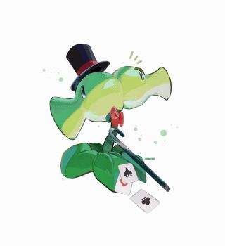 ace_(playing_card) ace_of_clubs ace_of_hearts ace_of_spades black_eyes black_hat bow bowtie cane card circle club_(shape) commentary from_side full_body halftone hat heart highres hightguy leaf no_humans notice_lines plant plant_focus plants_vs._zombies playing_card profile red_bow red_bowtie simple_background solid_oval_eyes solo spade_(shape) split_pea_(plants_vs._zombies) symbol-only_commentary top_hat traditional_bowtie white_background