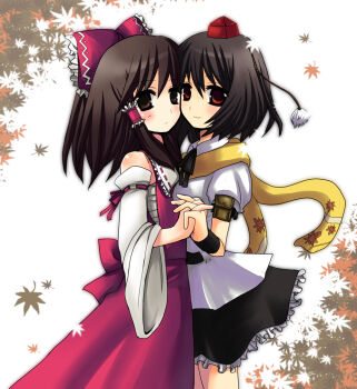 2girls ame_(candycircle) autumn_leaves black_hair blue_eyes bow chest_sarashi closed_mouth commentary_request detached_sleeves hakurei_reimu hat holding_hands interlocked_fingers leaf long_hair looking_at_viewer medium_hair multiple_girls red_eyes revision ribbon sarashi scarf shameimaru_aya short_hair skirt smile tokin_hat touhou wide_sleeves yellow_scarf