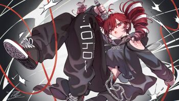 1girl absurdres arm_cutout arm_tattoo belt black_choker black_pants black_shoes chain choker clothing_cutout contemporary cropped_hoodie drawstring drill_hair floating_clothes gradient_background grey_background grey_hoodie hair_ribbon highres holding holding_microphone hood hoodie kasane_teto kasane_teto_(sv) long_sleeves looking_at_viewer medium_hair microphone multicolored_hair number_tattoo open_mouth pants pink_hair red_belt red_hair ribbon shoes solo sweatpants synthesizer_v tattoo tiffy_owoo twin_drills variant_set video_thumbnail white_background white_ribbon