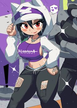 ! 2girls absurdres animal_hood armor ashe_(overwatch) baseball_cap black_hair black_helmet black_pants blizzard_(company) blush breasts cat_hood character_request cleavage clothes_writing collarbone earrings grey_armor hand_on_own_hip hat heart heart_necklace helmet highres hood hood_up hoodie hoop_earrings jewelry large_breasts long_sleeves looking_at_viewer midriff mole mole_above_mouth multiple_girls navel necklace overwatch overwatch_2 pants purple_hat purple_shirt red_eyes red_lips shirt short_hair smile sparkle speech_bubble spoken_heart standing tank_top thick_thighs thighs tony_welt white_hoodie white_nails wide_hips