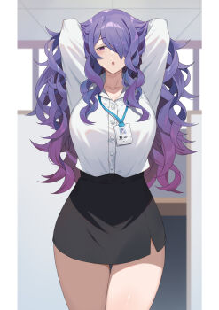 1girl :o alternate_costume black_skirt blush breasts camilla_(fire_emblem) collarbone commentary_request fire_emblem fire_emblem_fates hack_waltz hair_lift hair_over_one_eye highres indoors large_breasts long_hair name_tag nintendo office_lady open_mouth pencil_skirt purple_eyes purple_hair shirt skirt solo thighs wavy_hair white_shirt