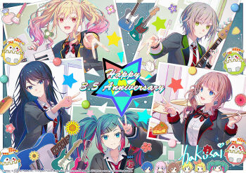 2boys 6+girls anniversary arm_up black_hair blazer blonde_hair blue_eyes blue_hair blue_nails bow brown_hair chibi chibi_inset collared_shirt colored_eyelashes commentary_request diagonal-striped_bow diagonal-striped_clothes diagonal-striped_necktie drum drum_set drumsticks electric_guitar gradient_hair green_eyes grey_hair grey_jacket guitar hair_ornament hairclip hakusai_(tiahszld) hatsune_miku highres hinomori_shiho holding holding_instrument hoshino_ichika_(project_sekai) instrument jacket kagamine_len kagamine_rin kaito_(vocaloid) keyboard_(instrument) korean_commentary leo/need_(project_sekai) leo/need_kaito leo/need_len leo/need_luka leo/need_meiko leo/need_miku leo/need_rin long_hair long_sleeves megurine_luka meiko_(vocaloid) mochizuki_honami multicolored_hair multiple_boys multiple_girls nail_polish necktie open_clothes open_jacket pink_hair project_sekai puffy_long_sleeves puffy_sleeves red_bow red_eyes red_hair red_necktie school_uniform shirt star_(symbol) streaked_hair striped_bow striped_clothes tenma_saki twintails v very_long_hair vocaloid white_shirt x_hair_ornament