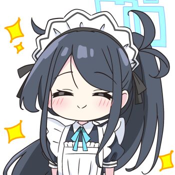 1girl ^_^ apron aris_(blue_archive) aris_(maid)_(blue_archive) black_dress black_hair black_ribbon blue_archive blue_halo blue_ribbon blush closed_eyes closed_mouth commentary_request dress hair_ribbon halo kotatsu-mazoku long_hair maid maid_headdress neck_ribbon official_alternate_costume ponytail rectangular_halo ribbon short_sleeves simple_background smile solo sparkle upper_body white_apron white_background